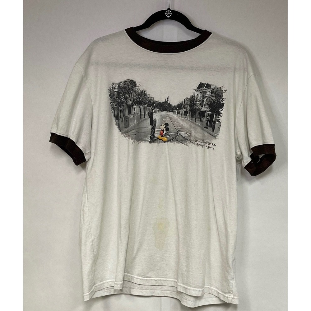 Walt Disney & Mickey Mouse Main Street USA Disneyland Ringer T-Shirt Large White
